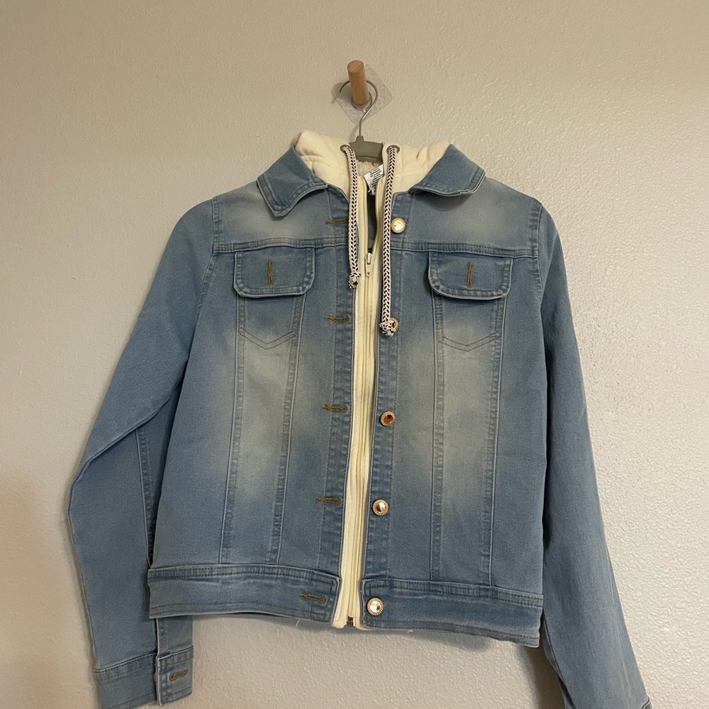 Light Blue Denim Jacket with Cream Hoodie